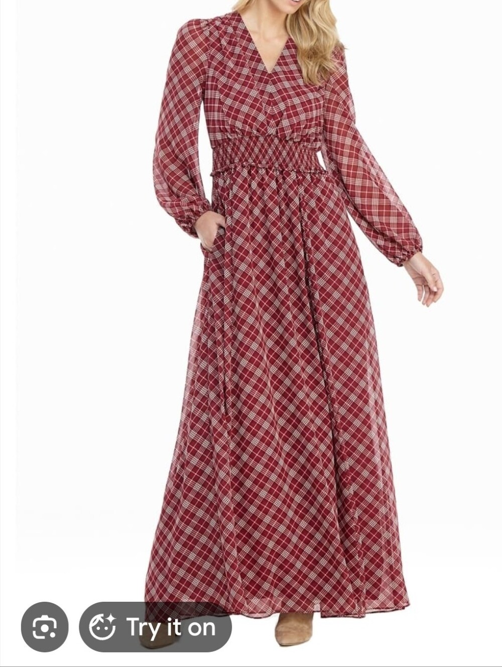 Gal Meets Glam Red Plaid Long-Sleeve Maxi Dress - Size 14
